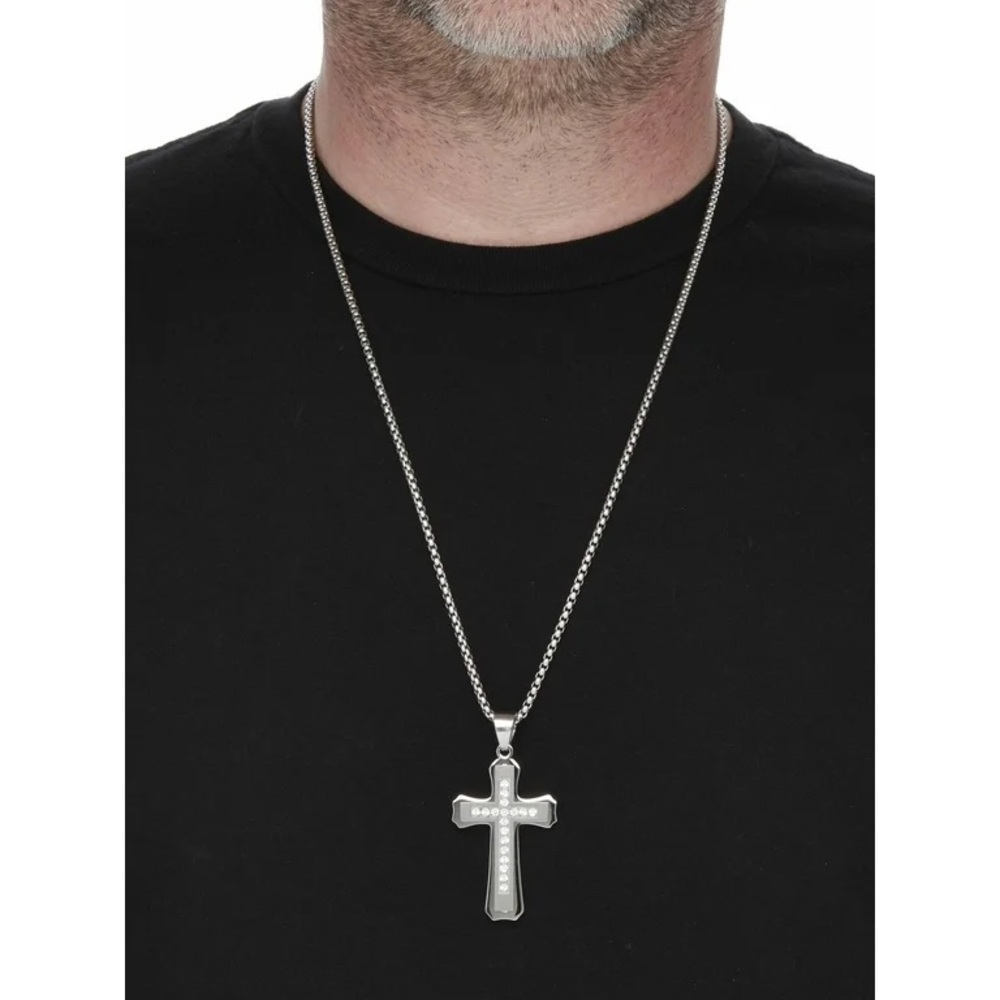 Mens 1/10 Carat Diamond Gold & Silver Stainless Steel Cross Pendant Necklace - Picture 5 of 5